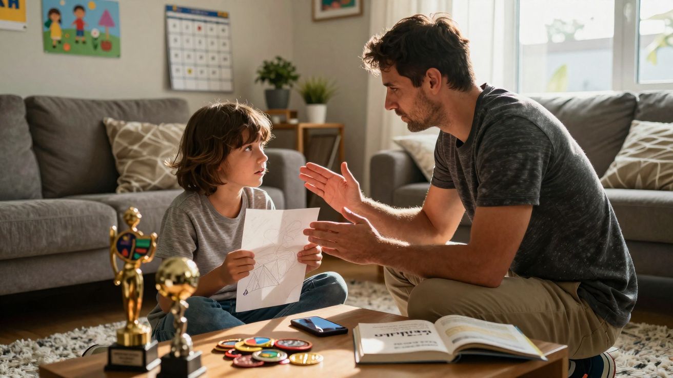 Pai e filho conversam seriamente, menino segura desenho, ambiente com troféus e livros na sala.