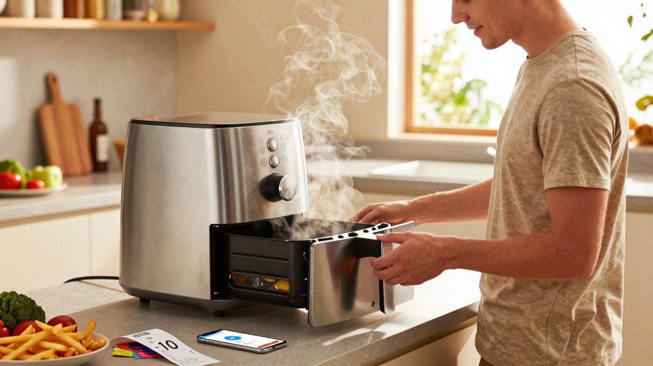 Homem retirando alimentos quentes de forno elétrico moderno na cozinha iluminada.