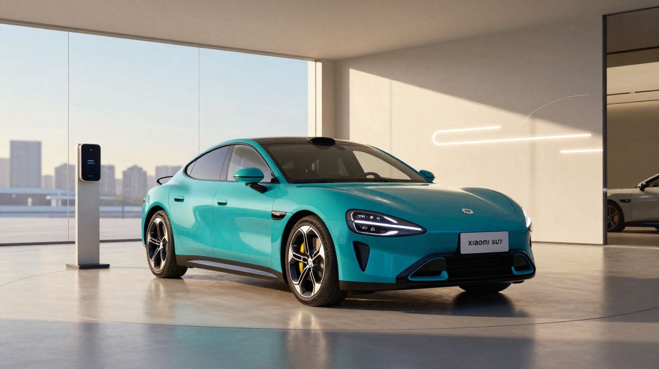 Carro elétrico azul Xiaomi SU7 estacionado em showroom moderno com painel de carregamento ao lado.