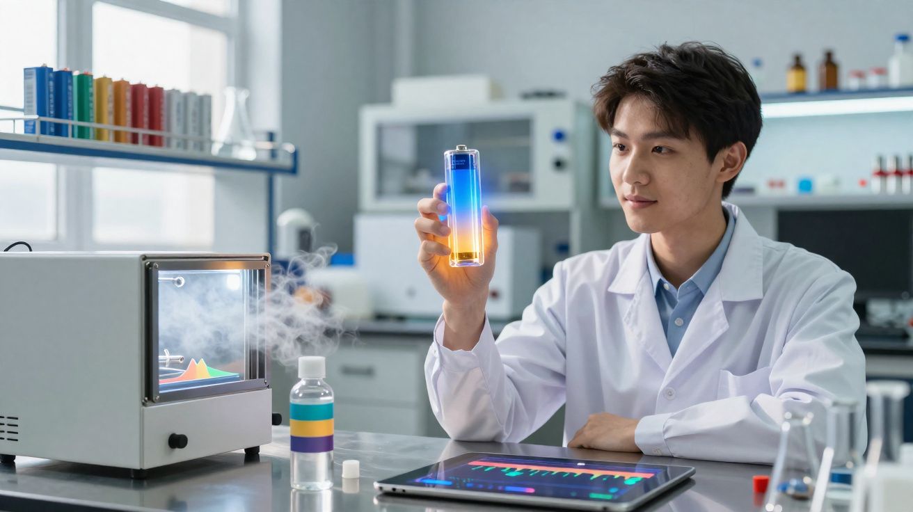 Pesquisador em laboratório segurando frasco com líquido azul e laranja, analisando dados em tablet.