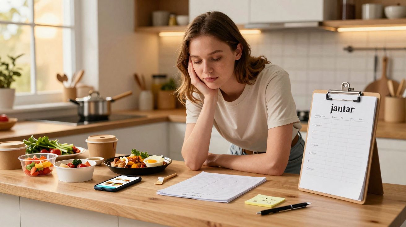 Jovem mulher planejando refeições na cozinha com caderno, celular e pratos de comida saudável sobre a bancada.