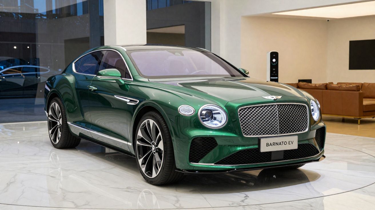Carro elétrico de luxo verde Bentley Barnato EV em exposição dentro de showroom moderno.