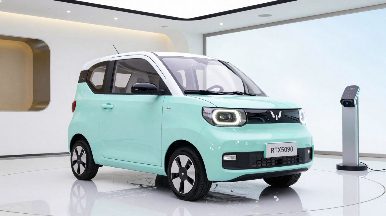 Carro elétrico compacto verde menta com teto branco exibido em ambiente moderno e carregador elétrico ao lado.
