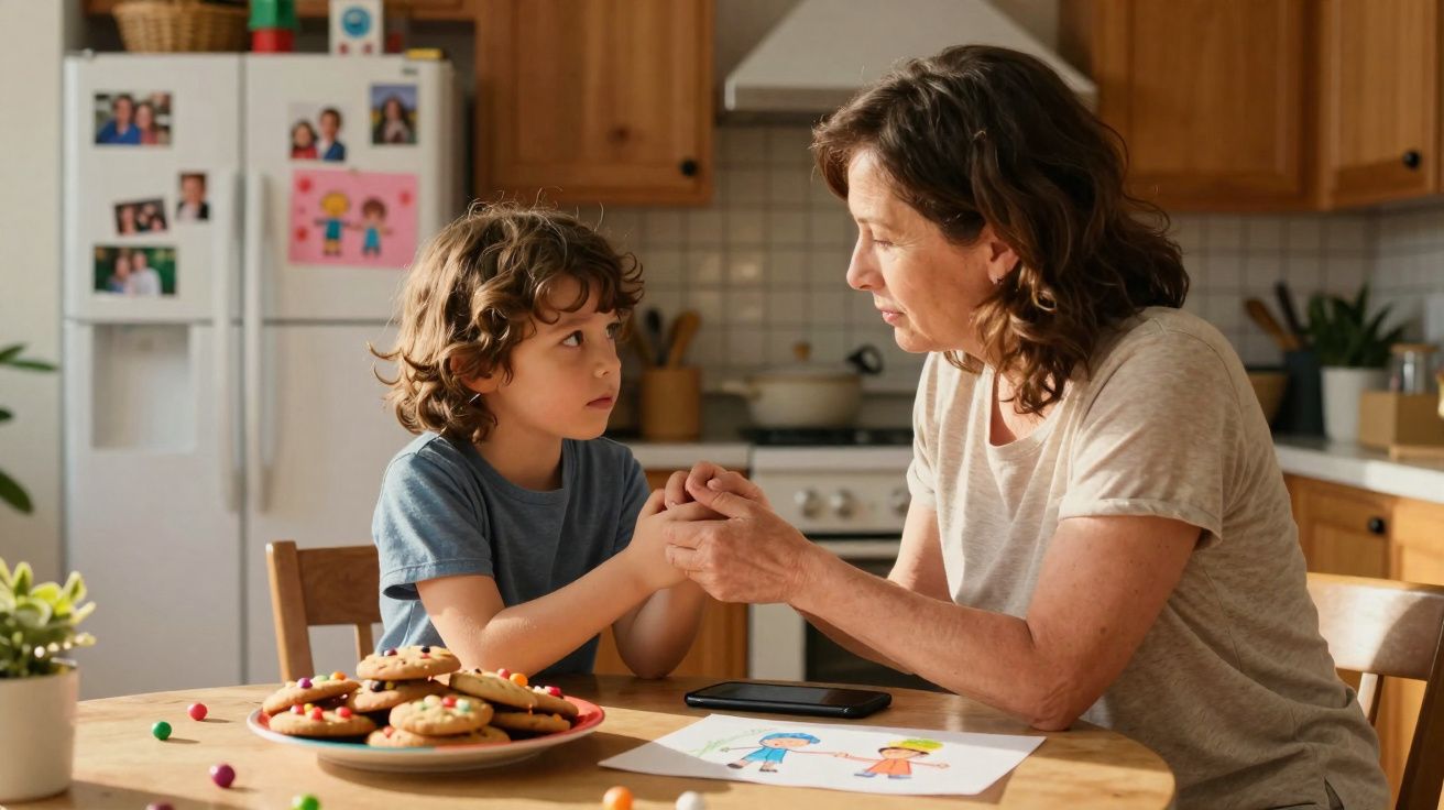 Mulher conversa e segura as mãos de menino na cozinha com biscoitos e desenho na mesa.