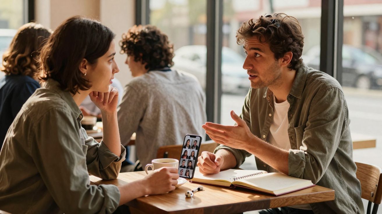 Dois jovens conversando em cafeteria, com celular exibindo videochamada e caderno aberto sobre a mesa.