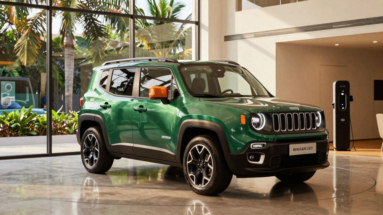 Carro Jeep Renegade verde exibido em showroom moderno com grandes janelas e recarga elétrica.