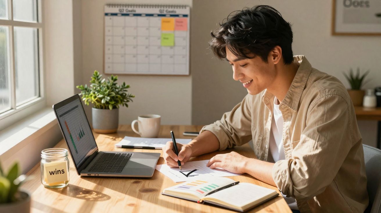 Jovem estudando e fazendo anotações em mesa com laptop, caderno e calendário ao fundo.