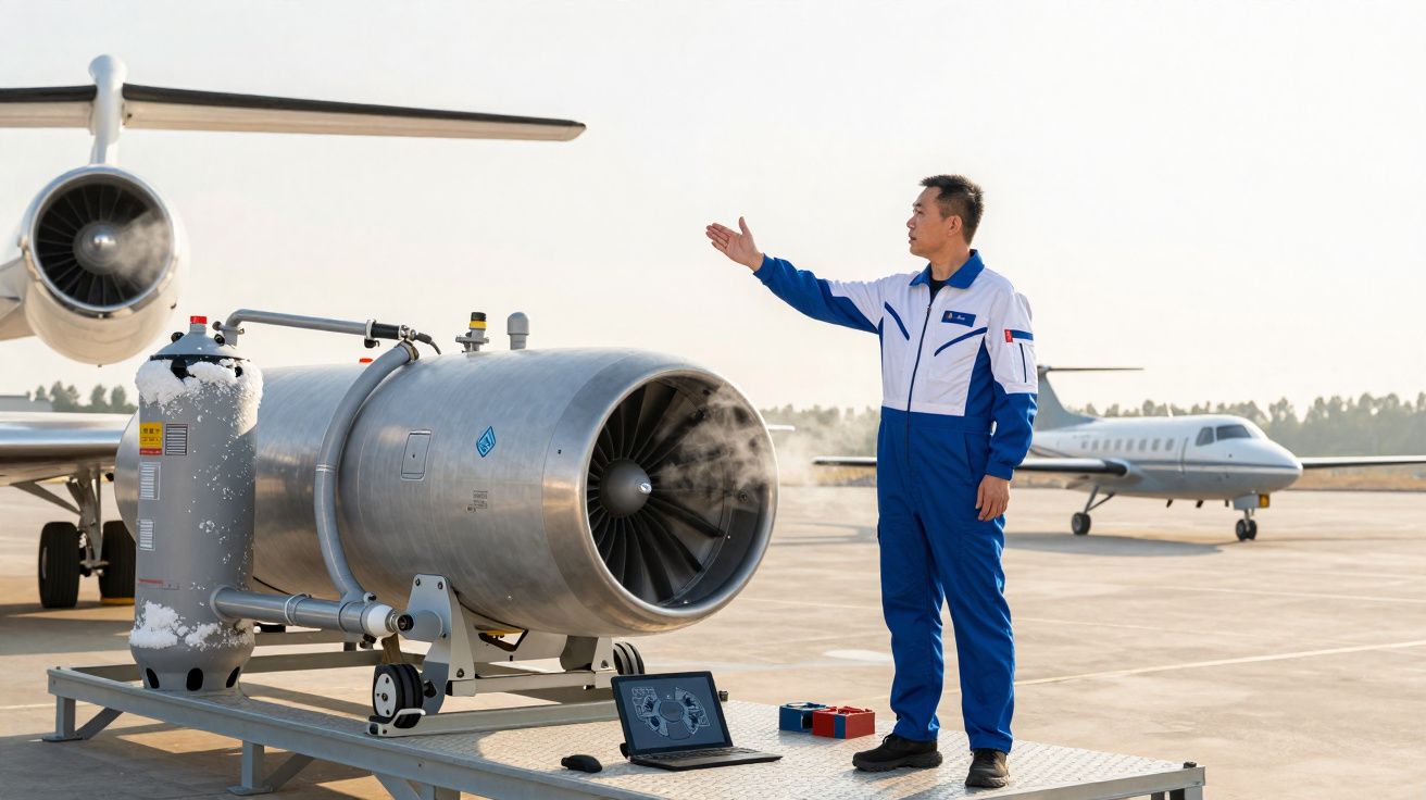 Técnico em macacão azul inspeciona motor de avião e equipamento de teste na pista de aeroporto.