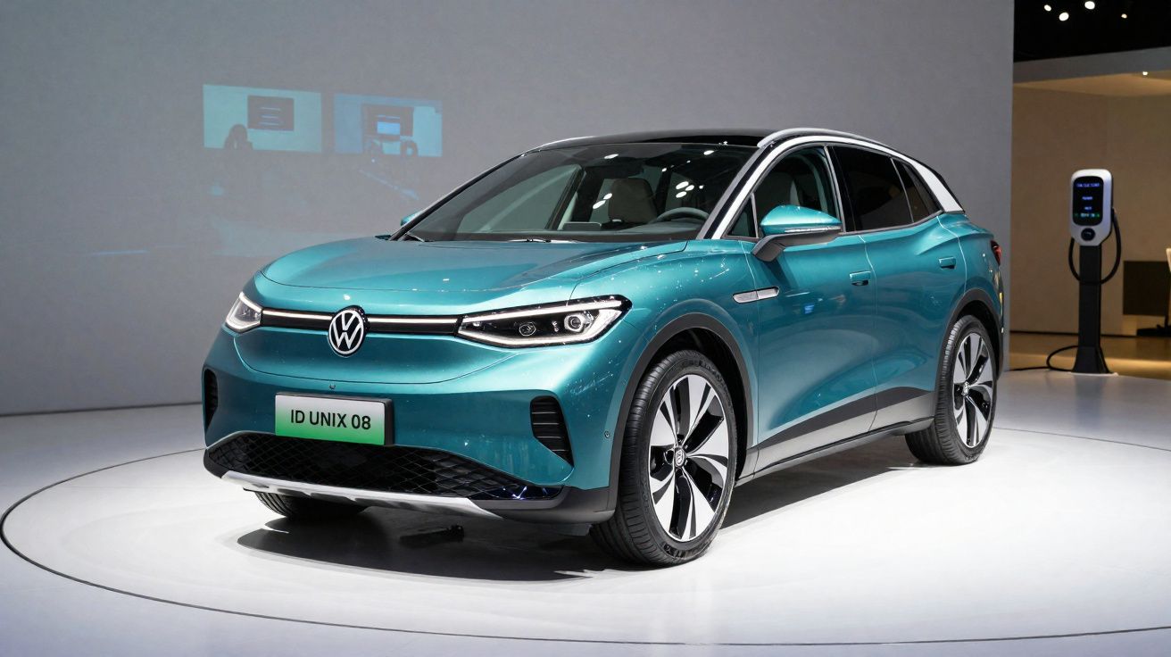 Carro elétrico Volkswagen ID. Unix 08 azul exibido em palco iluminado com carregador ao fundo.