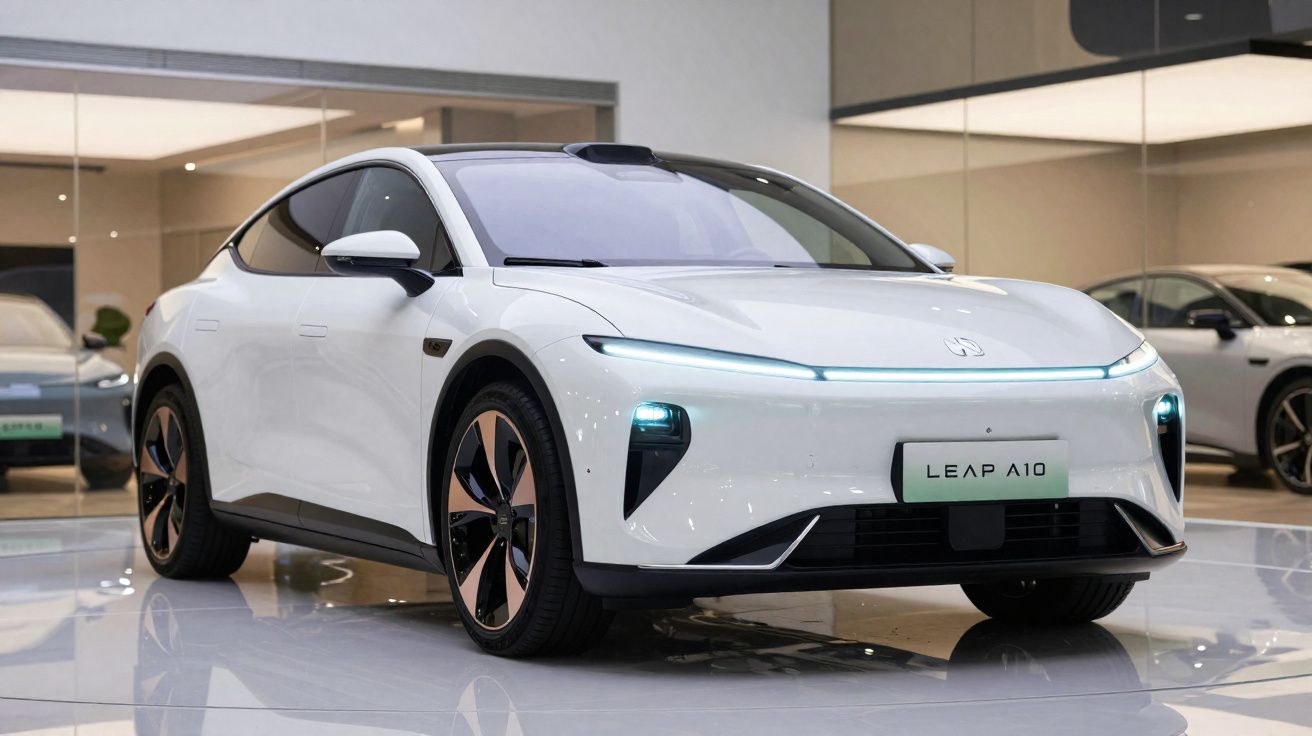 Carro elétrico branco Leap A10 em ambiente interno com design moderno e faróis ligados.