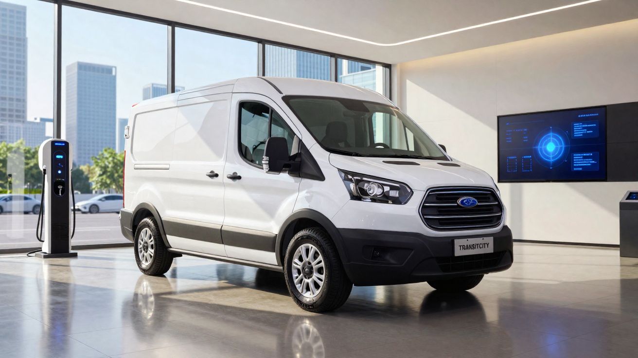 Van branca Ford Transit City estacionada em showroom moderno com carregador elétrico ao lado.