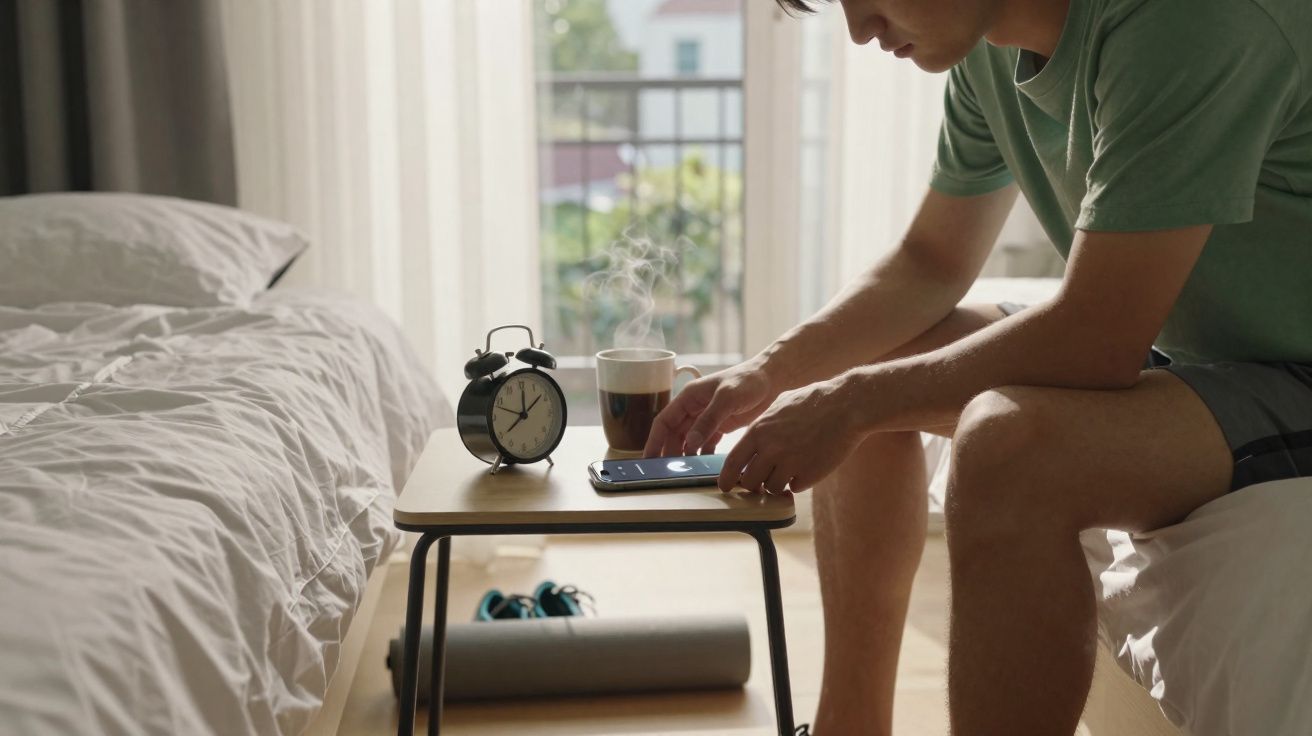 Homem sentado na cama, pegando o celular na mesa com relógio e xícara com vapor ao lado.