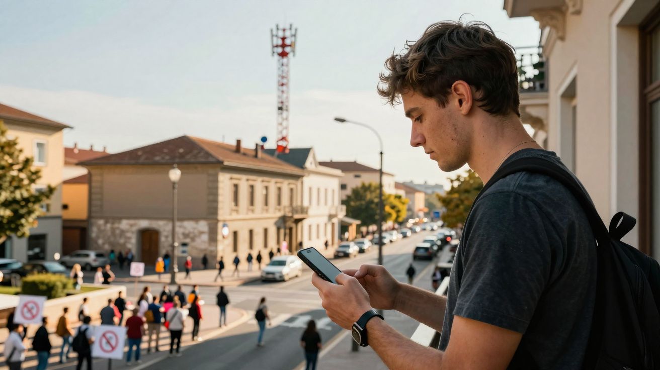 Jovem com mochila consulta celular em varanda, com rua e pedestres ao fundo em dia ensolarado.