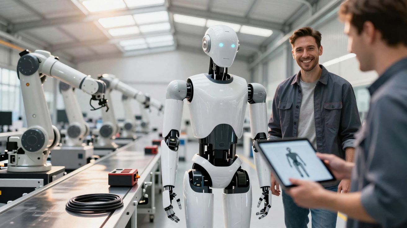 Robô branco em linha de montagem com homem sorridente e outro segurando tablet em indústria tecnológica.