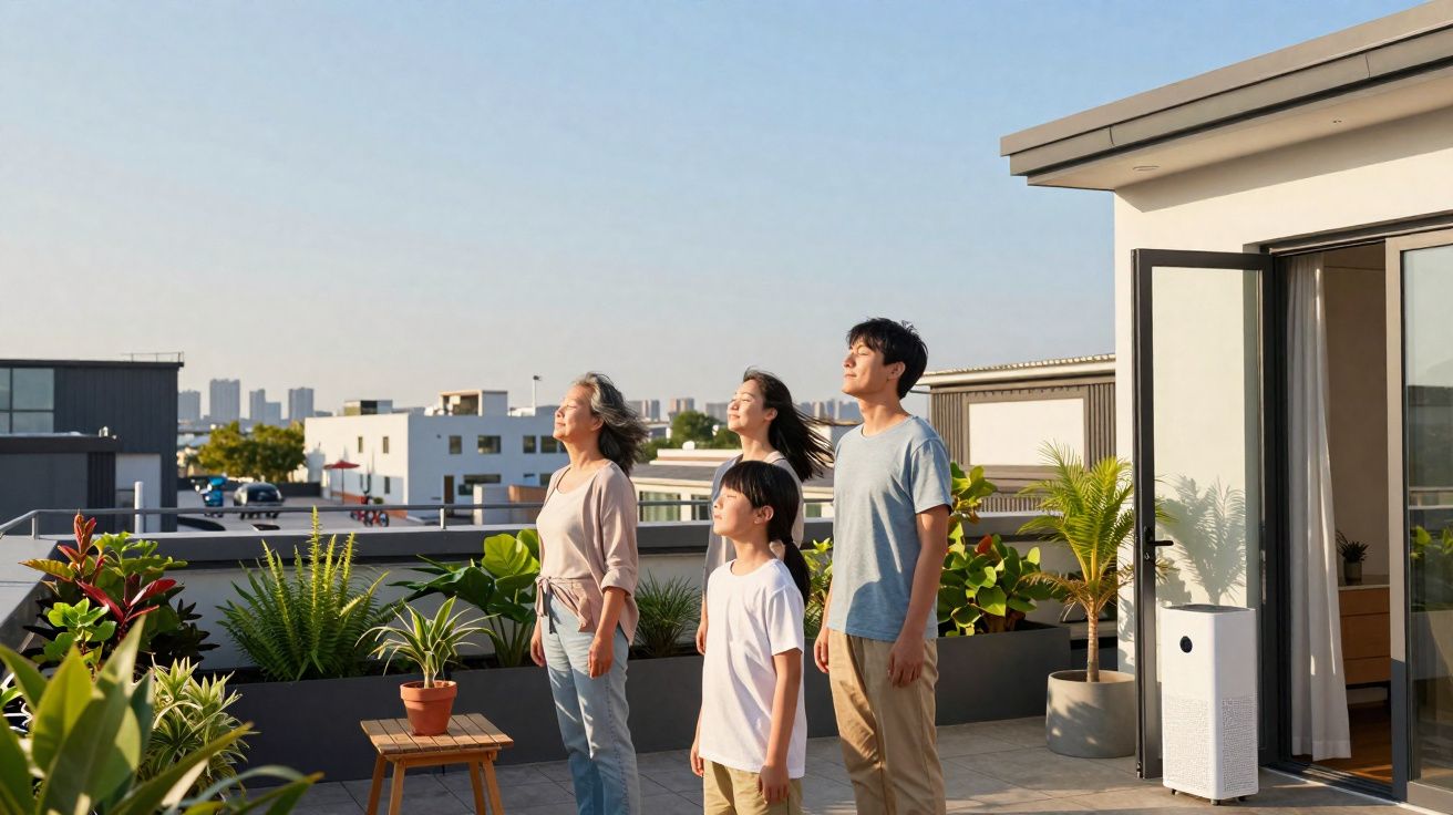 Quatro pessoas em um terraço aproveitando o sol da manhã com plantas e prédios ao fundo.