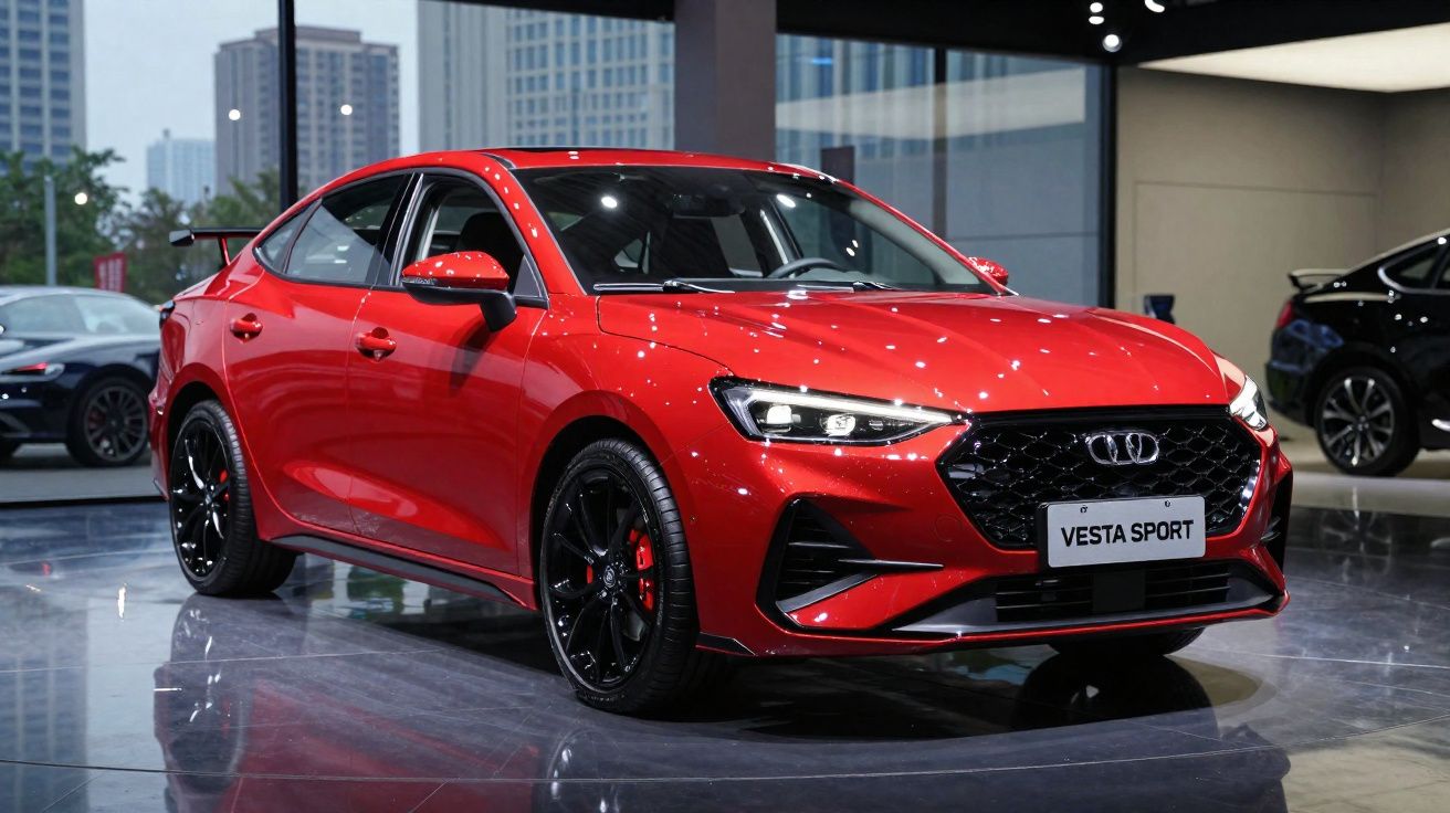 Carro vermelho esportivo Vesta Sport estacionado em showroom com piso refletivo e prédios ao fundo.