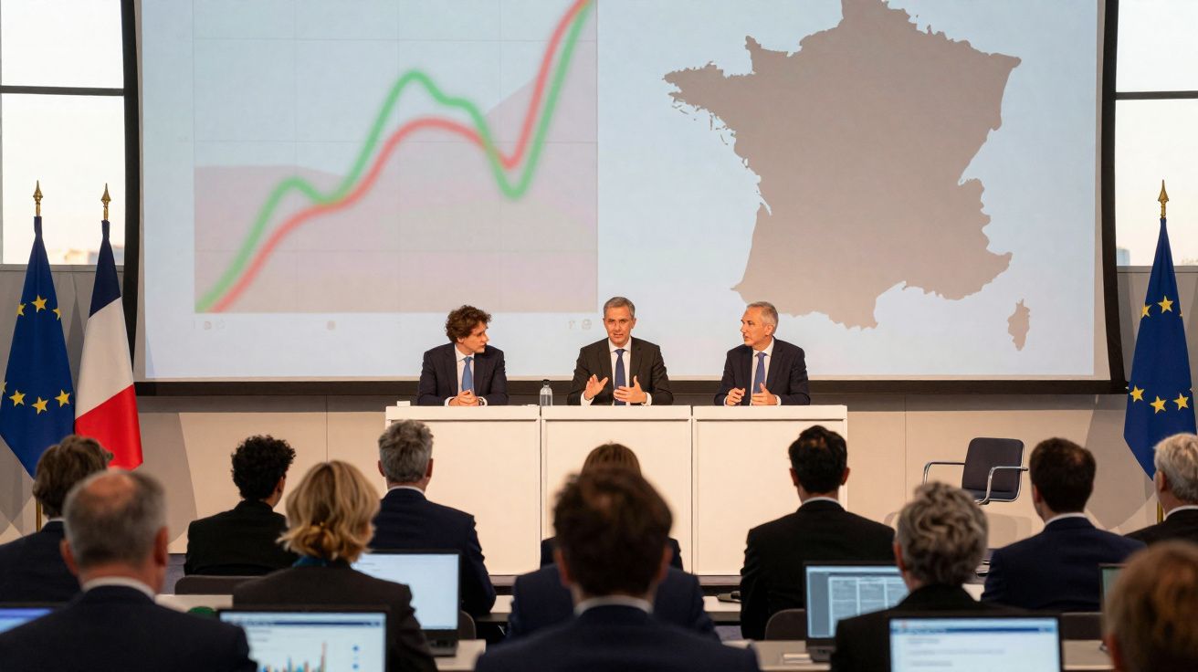 Reunião formal com três homens à frente, gráfico colorido e mapa da França projetados ao fundo.