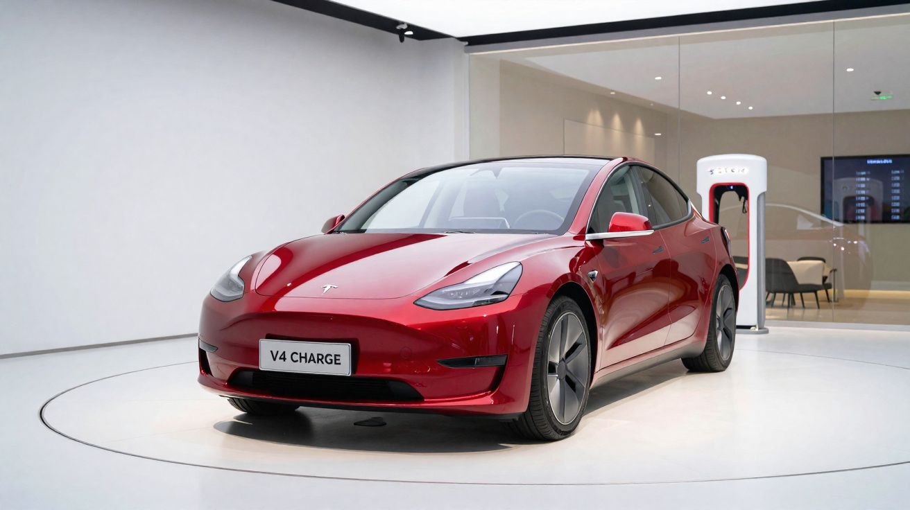 Carro elétrico Tesla vermelho em sala branca com estação de carregamento ao fundo.