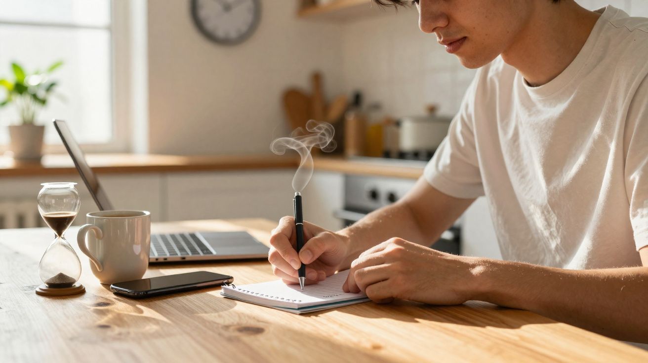 Jovem escrevendo em caderno com laptop, xícara, celular e ampulheta em mesa de madeira clara.