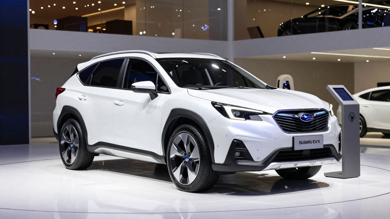 SUV branco Subaru EVX exposto em salão de automóveis, com carregador elétrico ao lado.