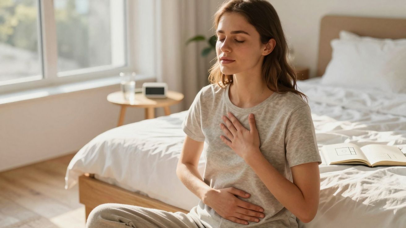 Mulher sentada no chão do quarto com olhos fechados, mão no peito e outra na barriga, demonstrando calma.