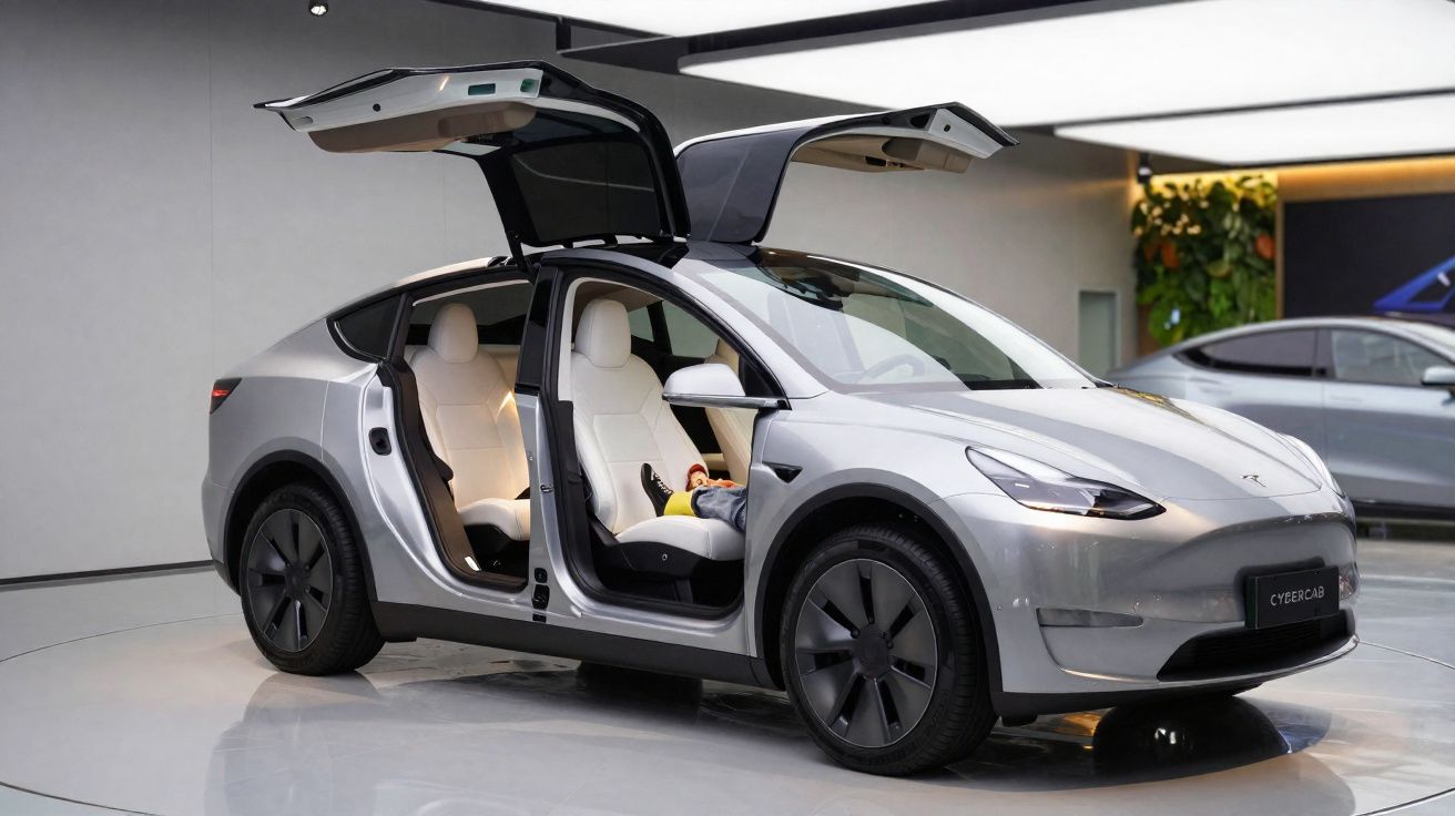 Carro elétrico Tesla prata com portas traseiras abertas em estilo asas de gaivota exibido em ambiente interno.