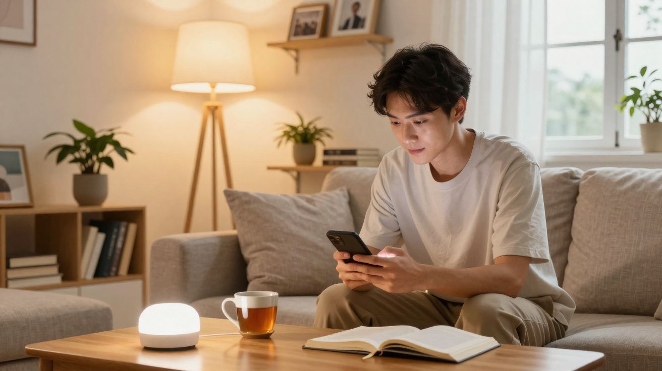 Jovem sentado no sofá usando celular com mesa, lâmpada, livro aberto e xícara de chá em ambiente aconchegante.