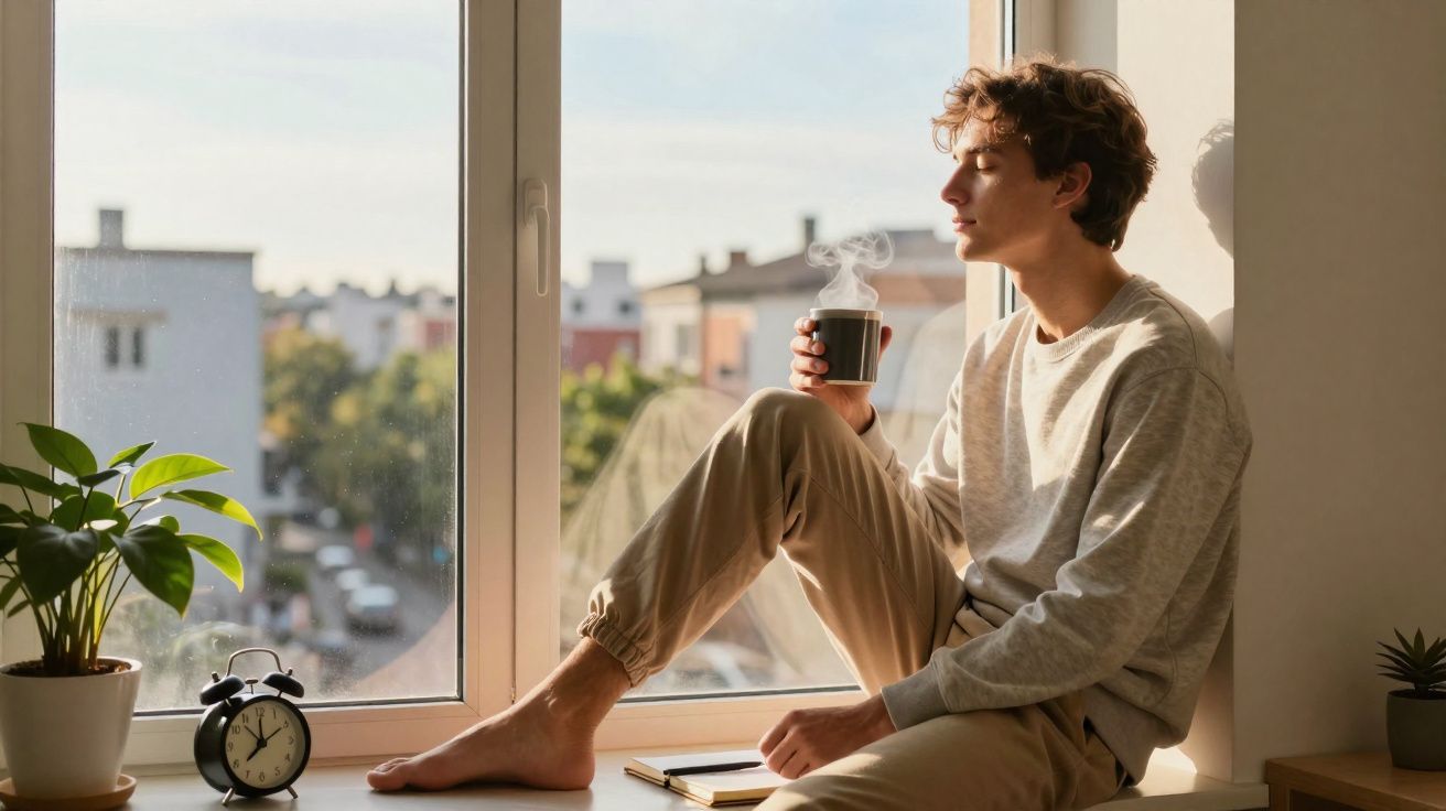 Jovem sentado na janela com xícara de bebida quente, apreciando a vista da cidade ao amanhecer.
