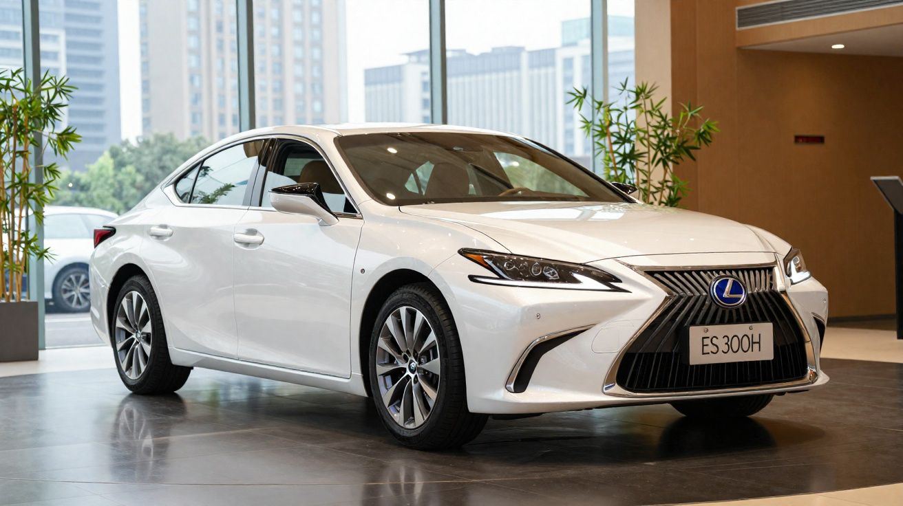 Carro branco Lexus ES 300h exibido em showroom com piso cinza e plantas ao fundo.