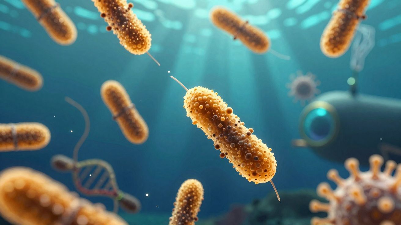 Ilustração microscópica de bactérias laranja com flagelos em ambiente aquático azul, ao lado de vírus e DNA.