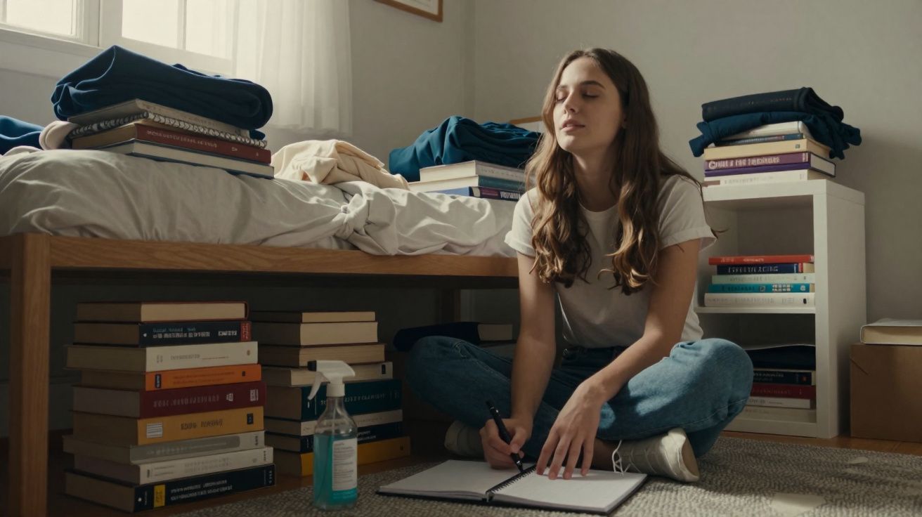 Mulher jovem sentada no chão de quarto com livros, escrevendo em caderno e olhos fechados em momento de concentração.