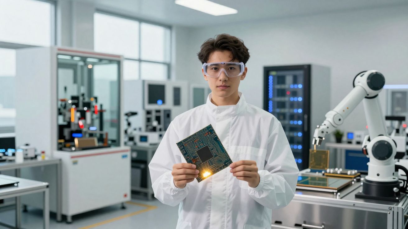 Jovem cientista em laboratório tecnológico segura placa de circuito impresso com equipamentos ao fundo.