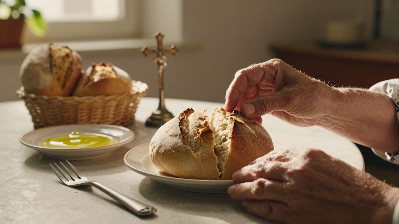 Mãos de idoso partindo pão em prato com cesta de pães e azeite ao fundo em mesa iluminada.