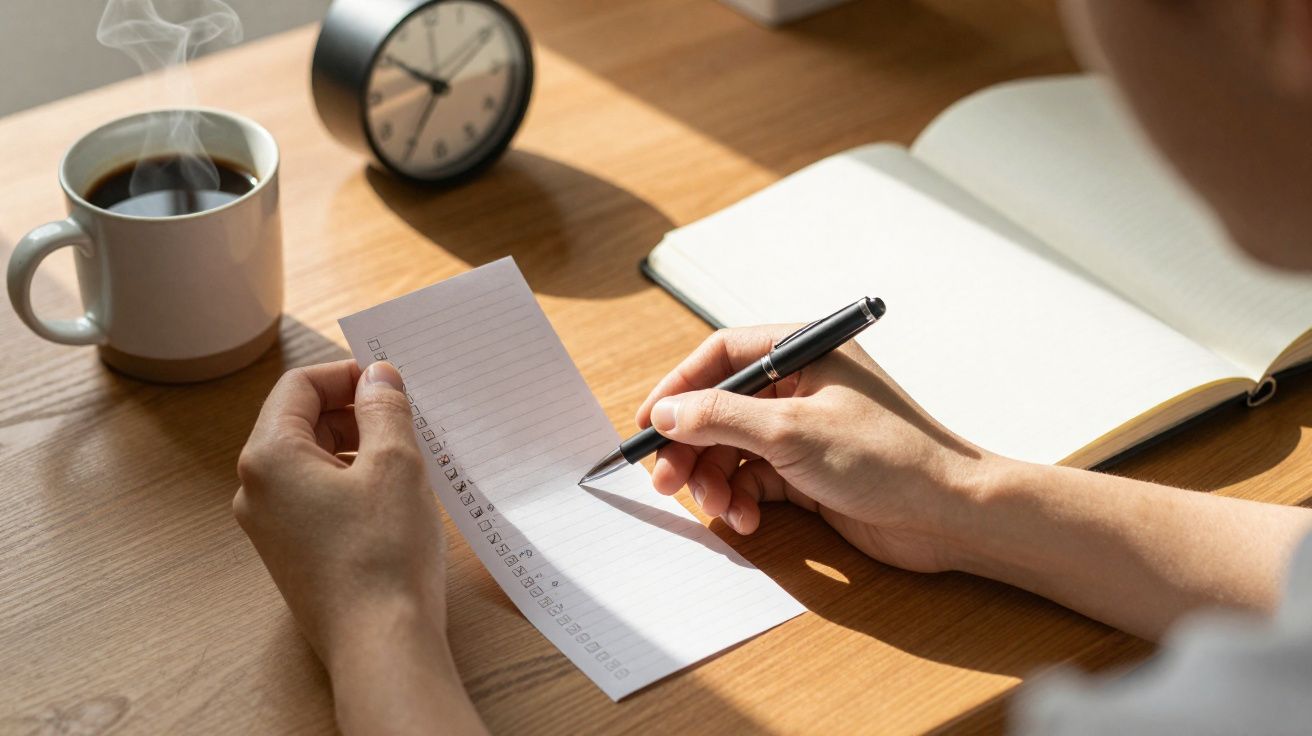 Pessoa escrevendo uma lista de tarefas à mão em papel com caneca de café e relógio sobre mesa de madeira.
