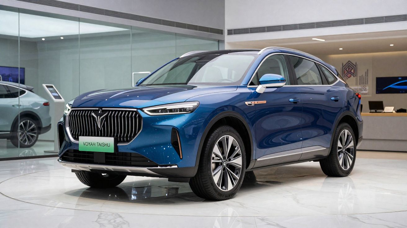 Carro SUV azul metálico exposto em showroom moderno com piso branco e paredes de vidro.