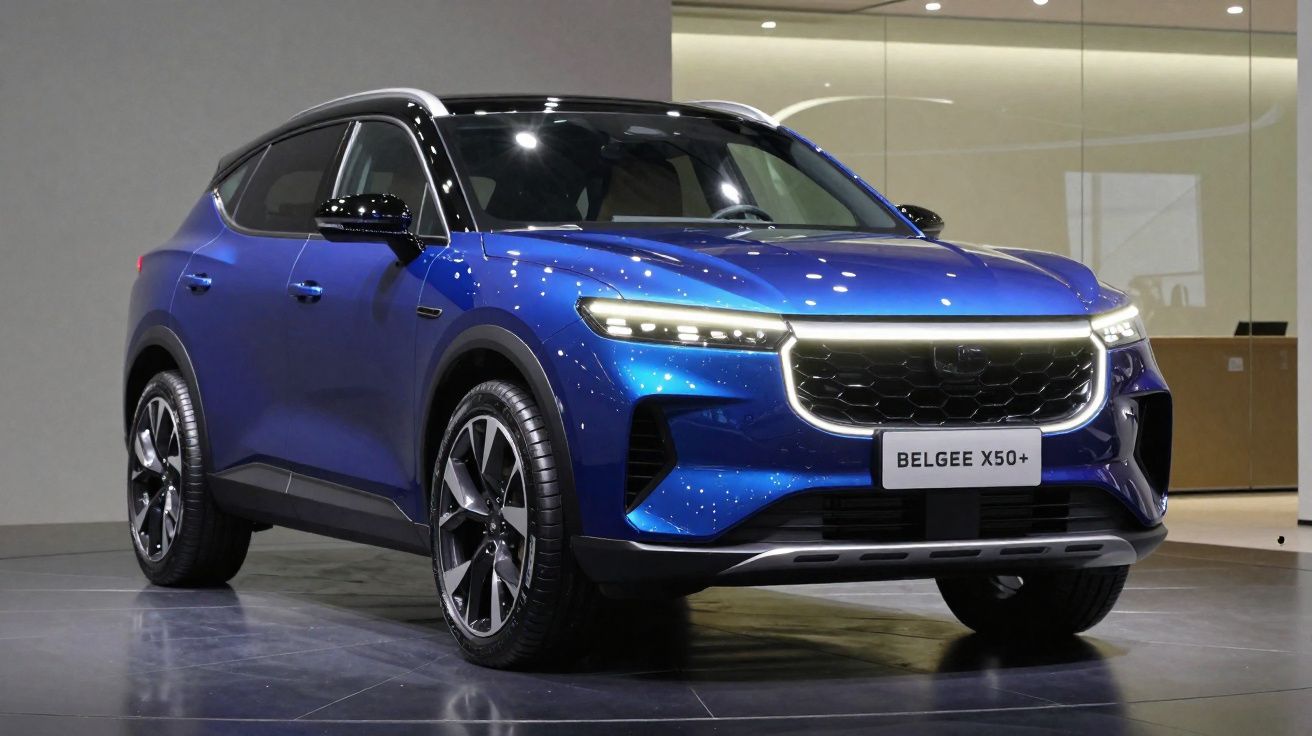 SUV elétrico azul Belgee X50+ exposto em showroom moderno com iluminação interna.