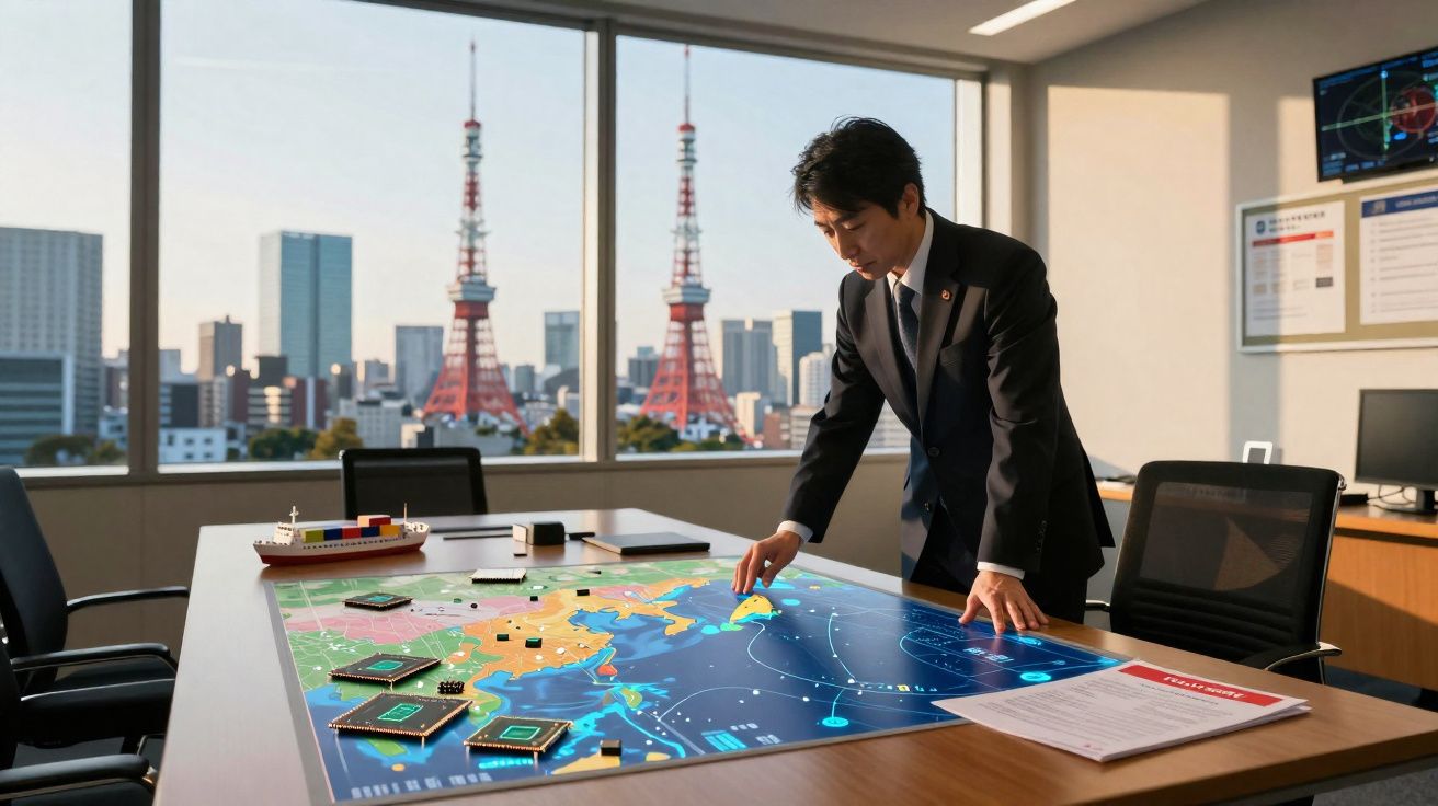 Homem em terno analisa mapa interativo de estratégias em sala de escritório com vista para a cidade e torres ao fundo.