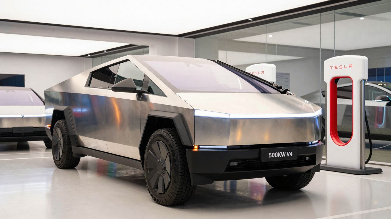 Carro elétrico Tesla Cybertruck prata metálico estacionado ao lado de carregadores Tesla internos.
