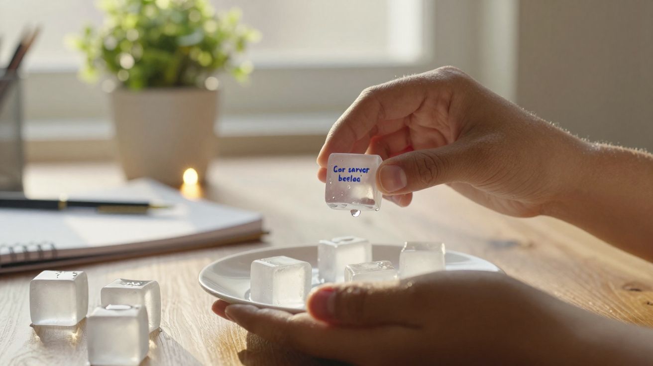 Mãos segurando um cubo de gelo derretendo com anotação, sobre prato com mais cubos de gelo em mesa de madeira.