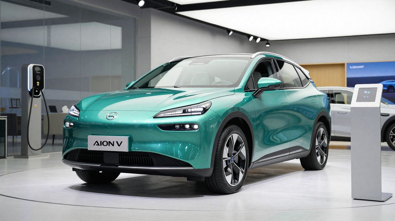 Carro elétrico verde Aion V em exposição com estação de carregamento ao lado em ambiente interno.