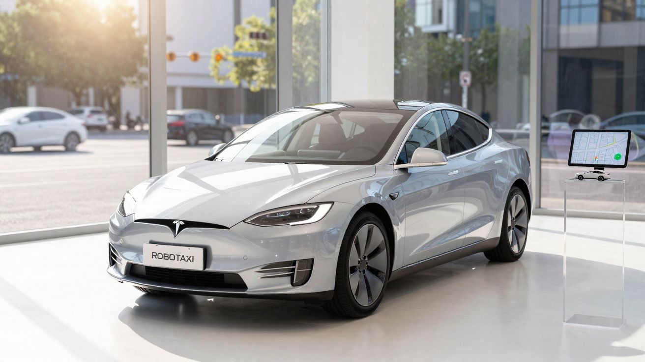 Carro prata Tesla Model S exposto em showroom com placa "ROBOTAXI" e tela digital ao lado.