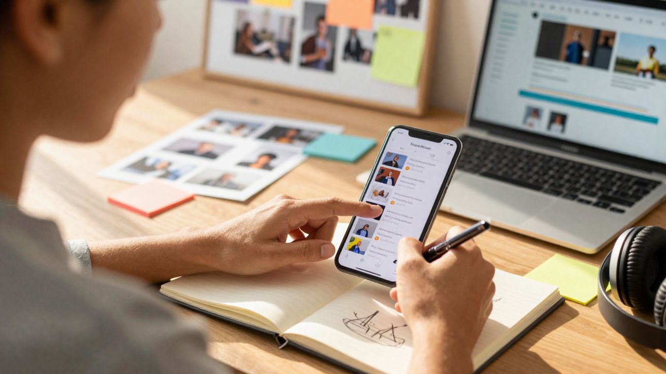 Pessoa usando smartphone para revisar perfis enquanto faz anotações em caderno com laptop ao fundo.