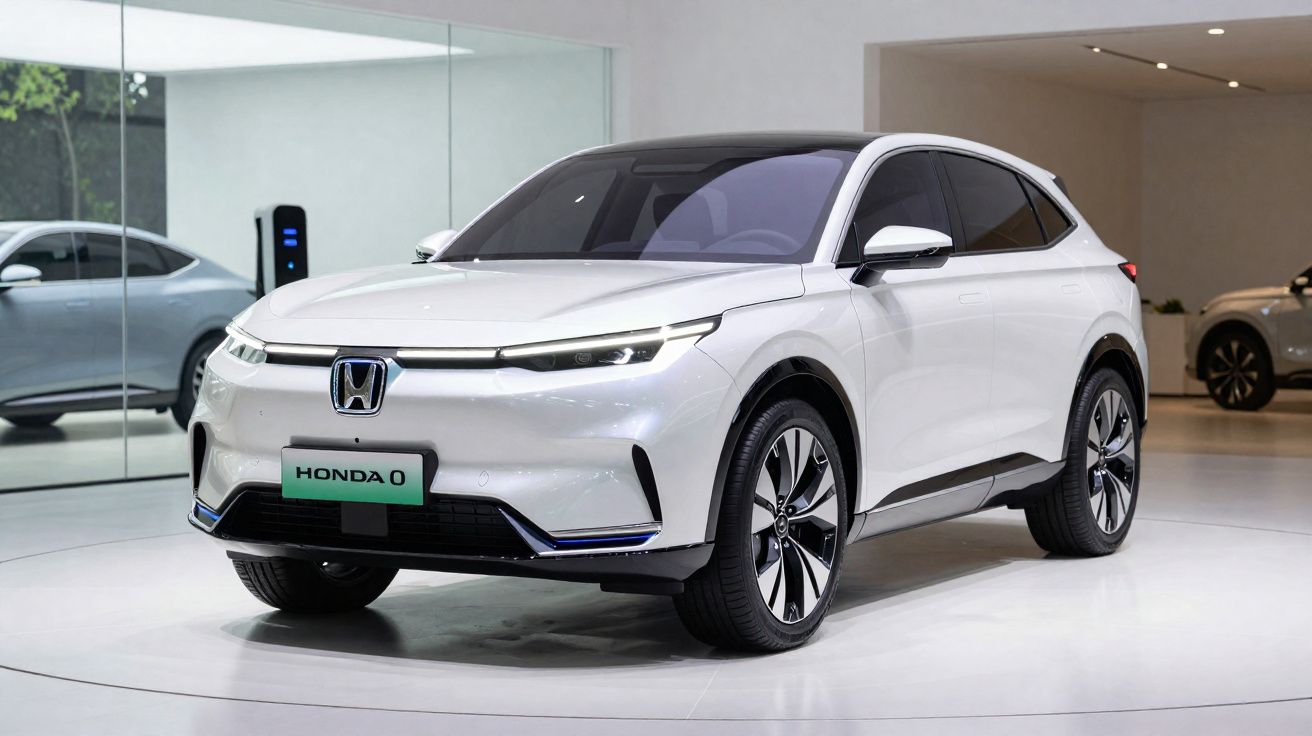 Carro elétrico Honda SUV branco exposto em showroom moderno com iluminação branca e detalhes em preto.