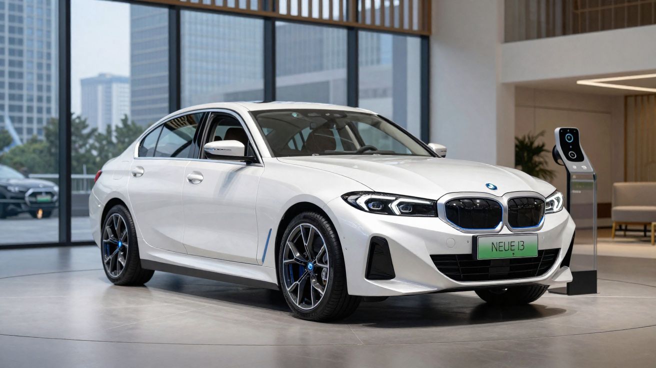 Carro BMW elétrico branco modelo Neue i3 exposto em showroom moderno com cores neutras.