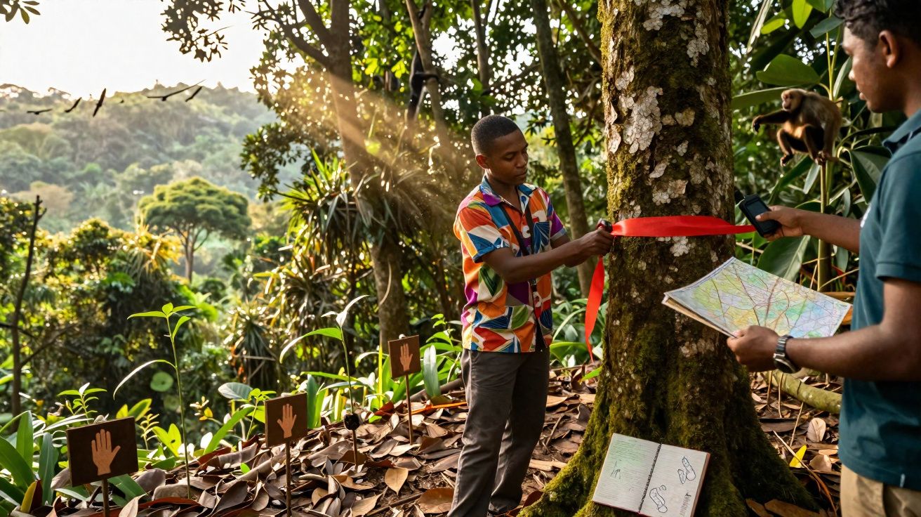 Dois homens marcam uma árvore com fita vermelha em floresta para estudo ambiental.