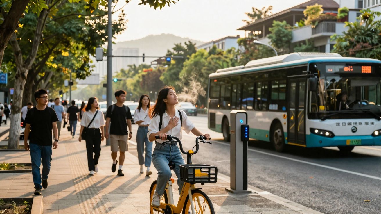 Mulher andando de bicicleta elétrica em calçada movimentada com pessoas e ônibus ao fundo, ao entardecer.
