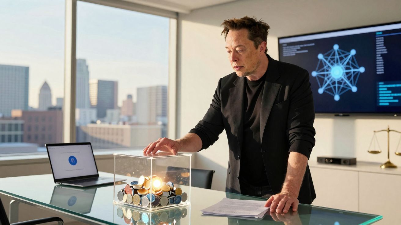 Homem em escritório moderno observa caixa transparente com moedas digitais sobre mesa de vidro.