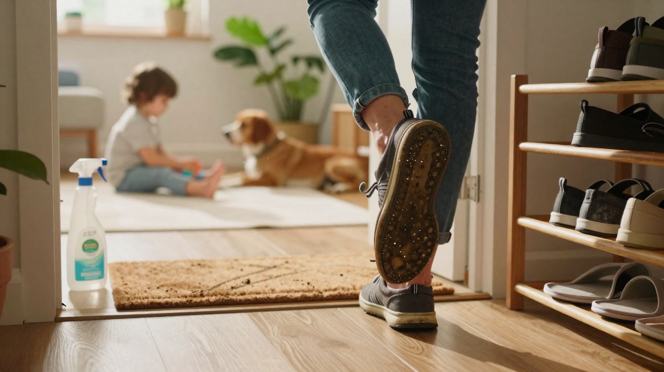 Pessoa entrando em casa com sapatos sujos, criança e cachorro ao fundo em sala iluminada.