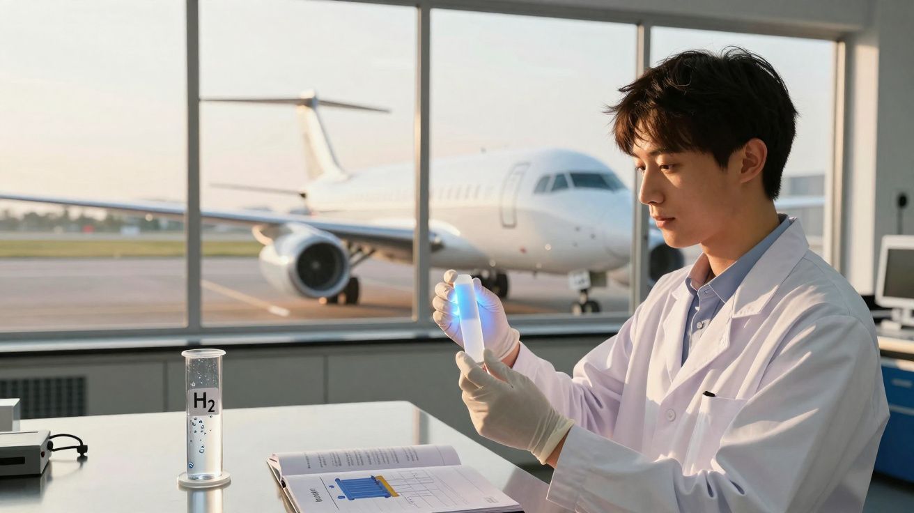 Cientista em laboratório com frasco azul, cilindro de hidrogênio e avião ao fundo pela janela.