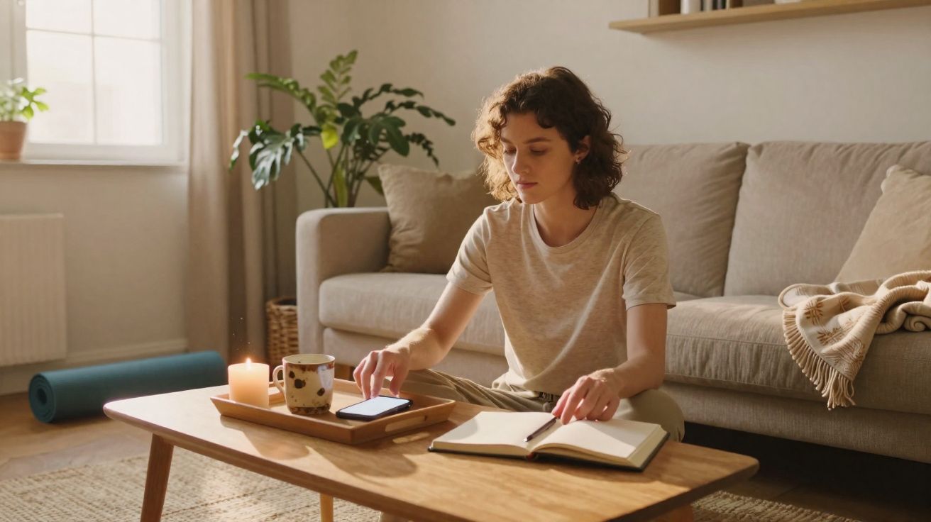 Mulher sentada no chão da sala, lendo um livro, com vela acesa e xícara em mesa de madeira.